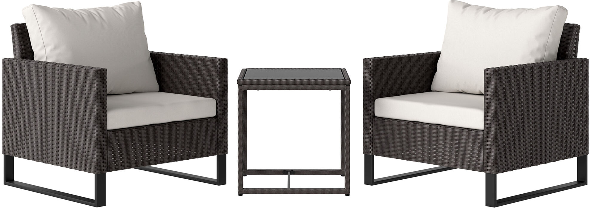 Outsunny 3 Pieces Rattan Bistro Set with 4 Cushions, Wicker Garden Furniture Set, Glass Top Coffee Table and Chairs for Outdoor Patio, Balcony, Terrace and Conservatory, Brown