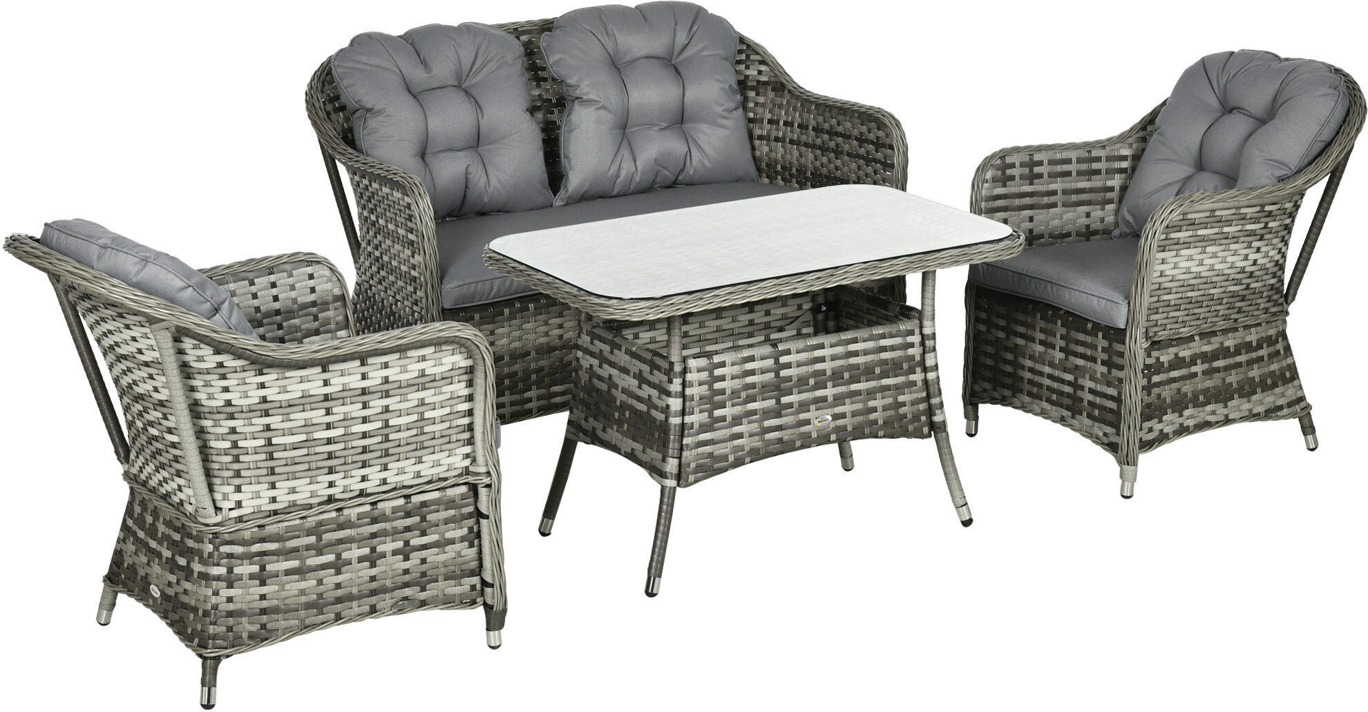 Outsunny 4pc All Weather Outdoor Sofa Set, PE Rattan Garden Furniture with Round Wicker Conversation Sofa, Padded Cushions Aosom UK