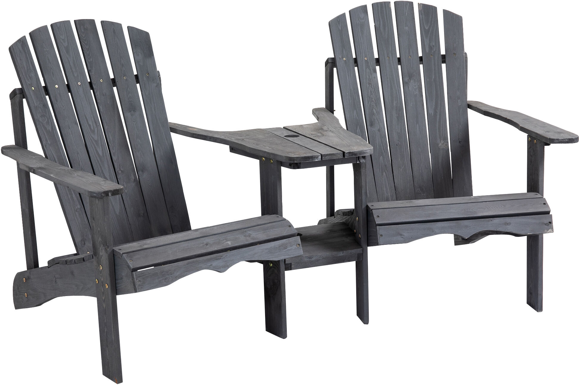 Outsunny Wooden Outdoor Double Adirondack Chairs Loveseat w/ Center Table and Umbrella Hole, Garden Patio Furniture for Lounging and Relaxing, Grey