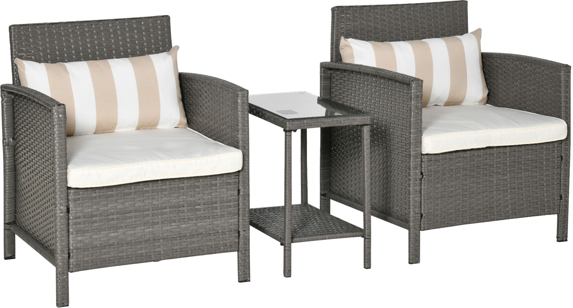 Outsunny Waterproof Rattan Garden Furniture 3 Pieces Patio Bistro Set Wicker Weave Conservatory Sofa Chair & Table Set w/ Cushion Pillow Aosom UK