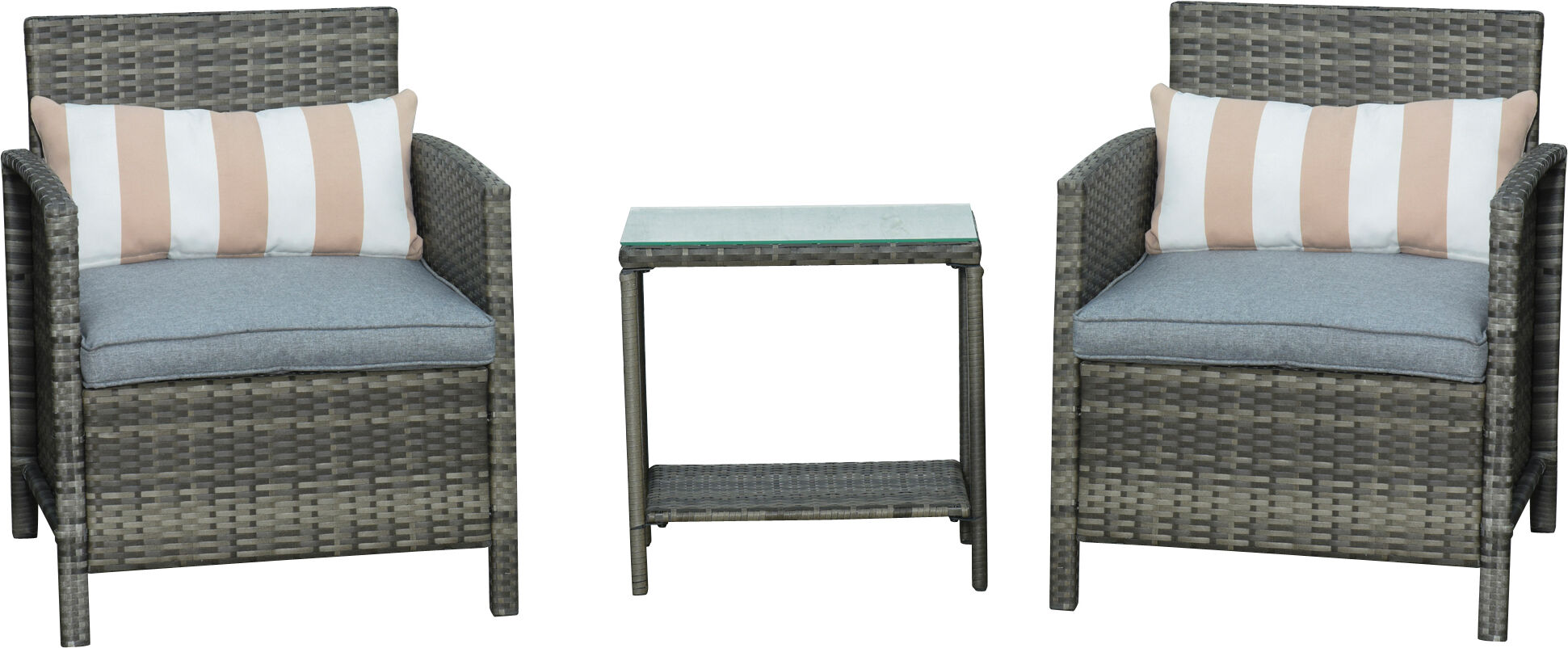 Outsunny Garden Rattan Furniture 3 Pieces Patio Bistro Set Wicker Weave Conservatory Sofa Chair & Table Set with Cushion Pillow - Grey
