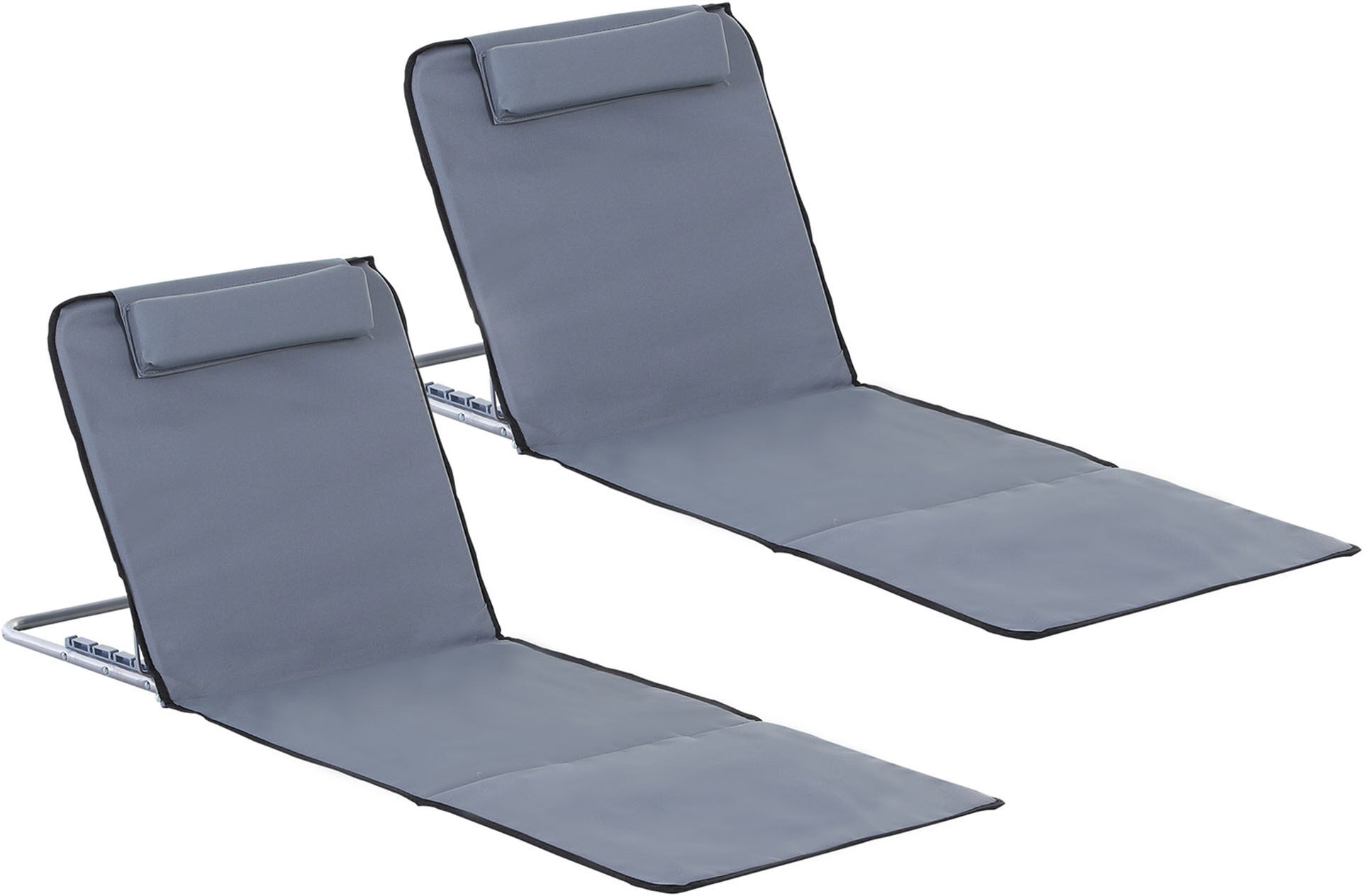 Outsunny Set of 2 Foldable Garden Beach Chair Mat Lightweight Outdoor Sun Lounger Seats Adjustable Back Metal Frame PE Fabric Head Pillow, Grey