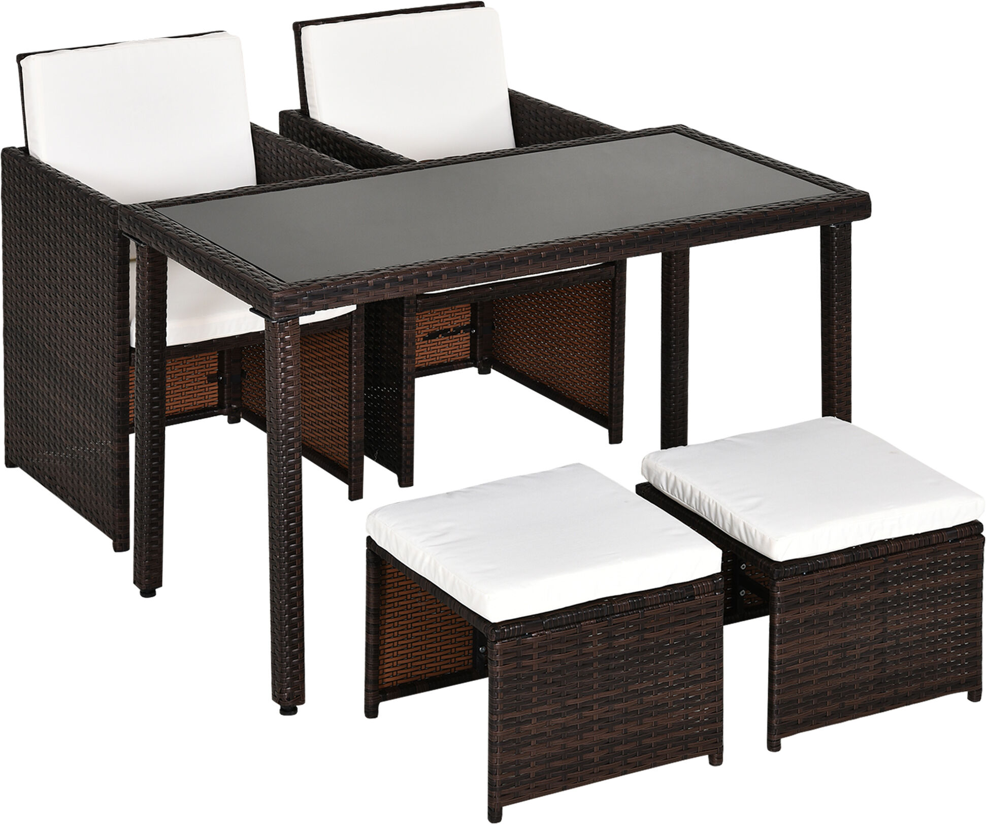 Outsunny 4-Seater Rattan Garden Furniture Space-saving Wicker Weave Sofa Set Conservatory Dining Table Table Chair Footrest Cushioned Brown