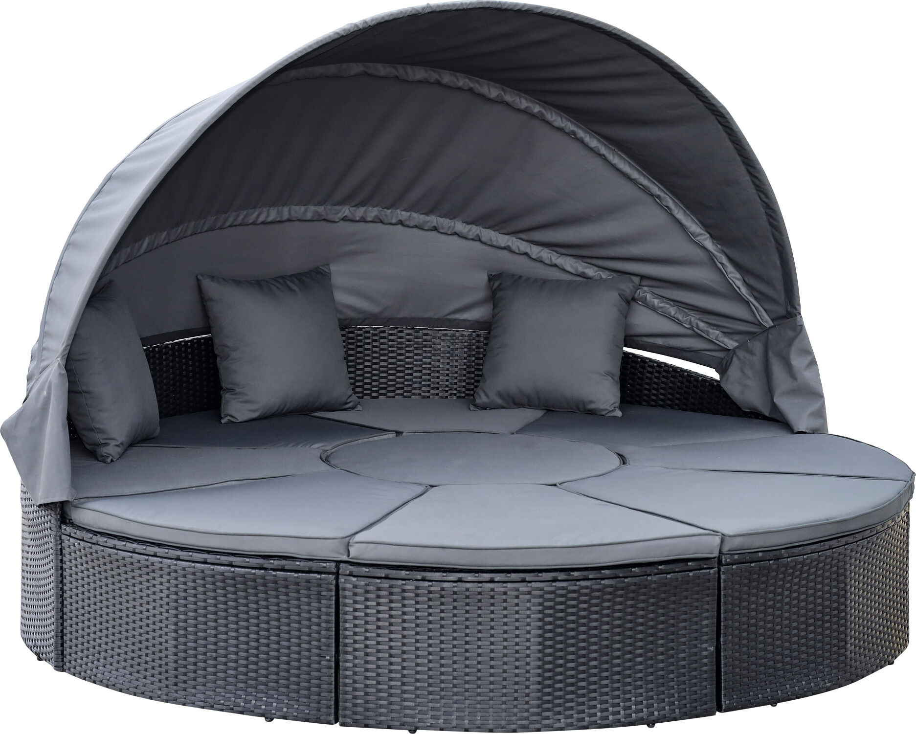 Outsunny 4 Pieces PE Rattan Garden Daybed Set, Outdoor Wicker Cushioned Round Sofa Bed Conversation Furniture with Coffee Table & Canopy, Black