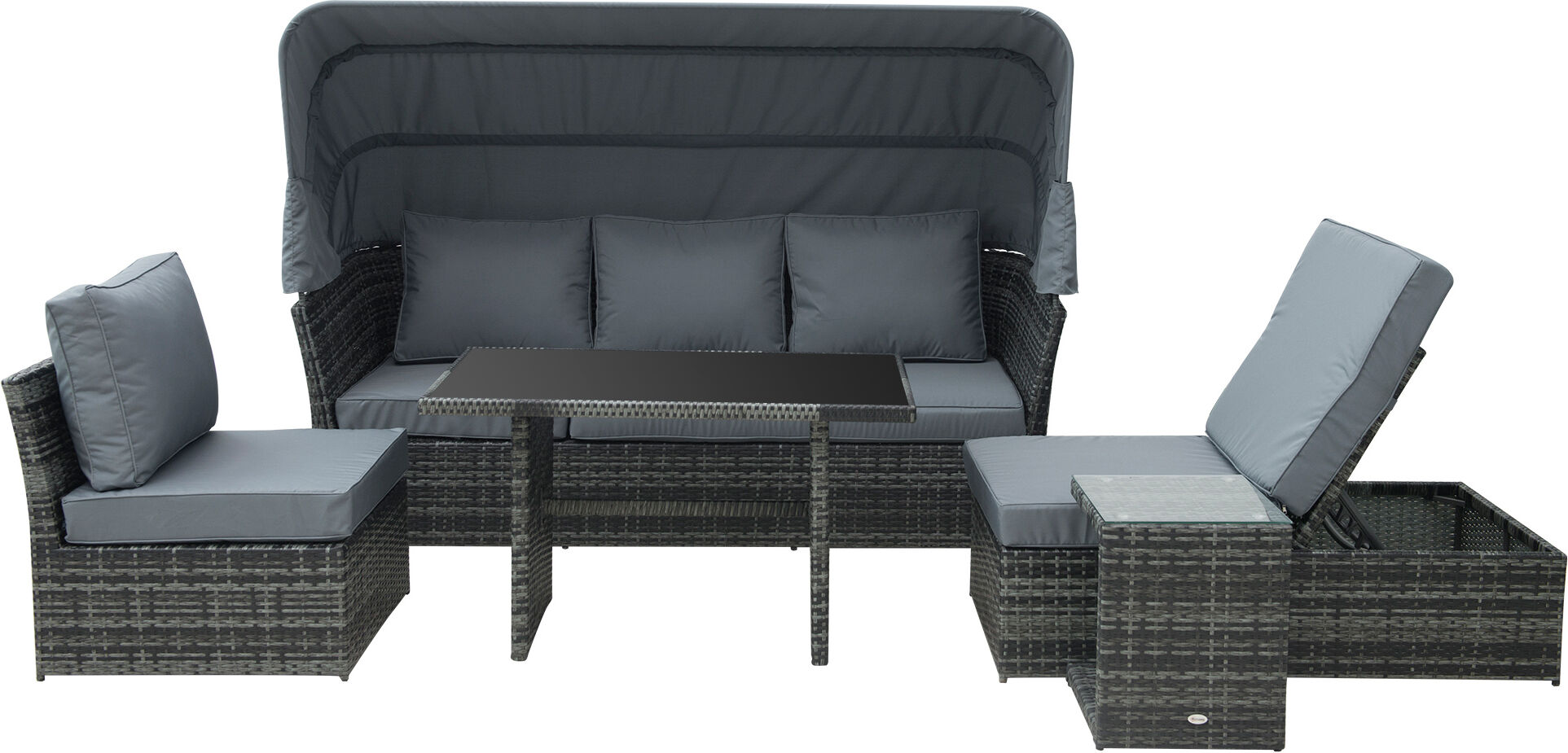 Outsunny Rattan Garden Sofa Set, 5-Seater Outdoor Furniture with Reclining Sofa, Adjustable Canopy & Side Table, Mixed Grey