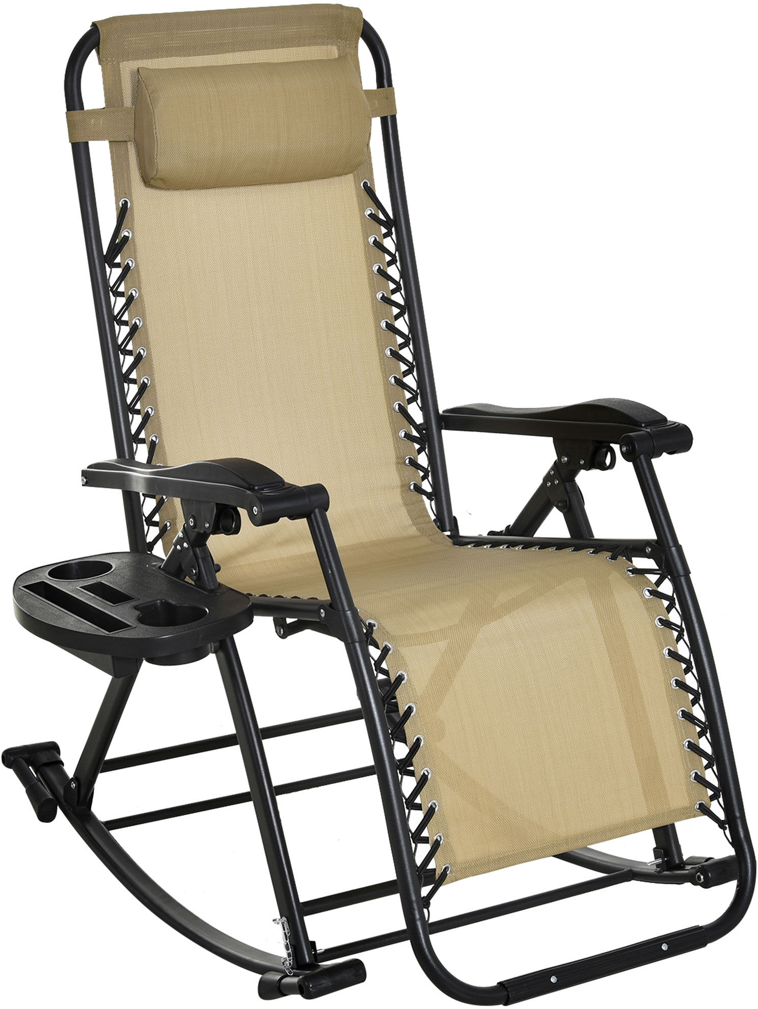 Outsunny Garden Rocking Chair Folding Recliner Outdoor Adjustable Sun Lounger Rocker Zero-Gravity Seat with Headrest Side Holder Patio Deck - Beige
