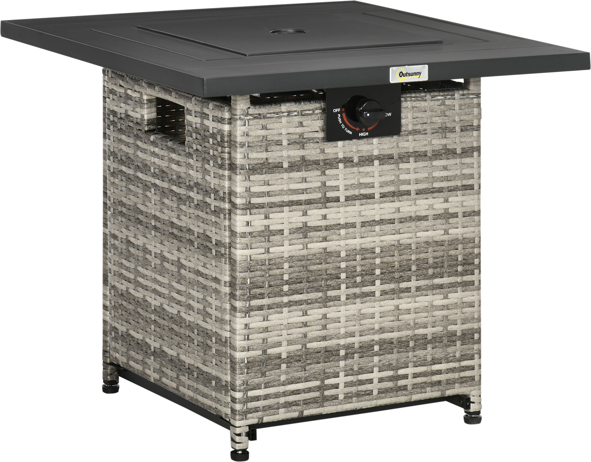 Outsunny Outdoor PE Rattan Gas Fire Pit Table, Patio Square Propane Heater with Rain Cover, Mesh Lid and Lava Stone, 40,000 BTU, Mixed Grey