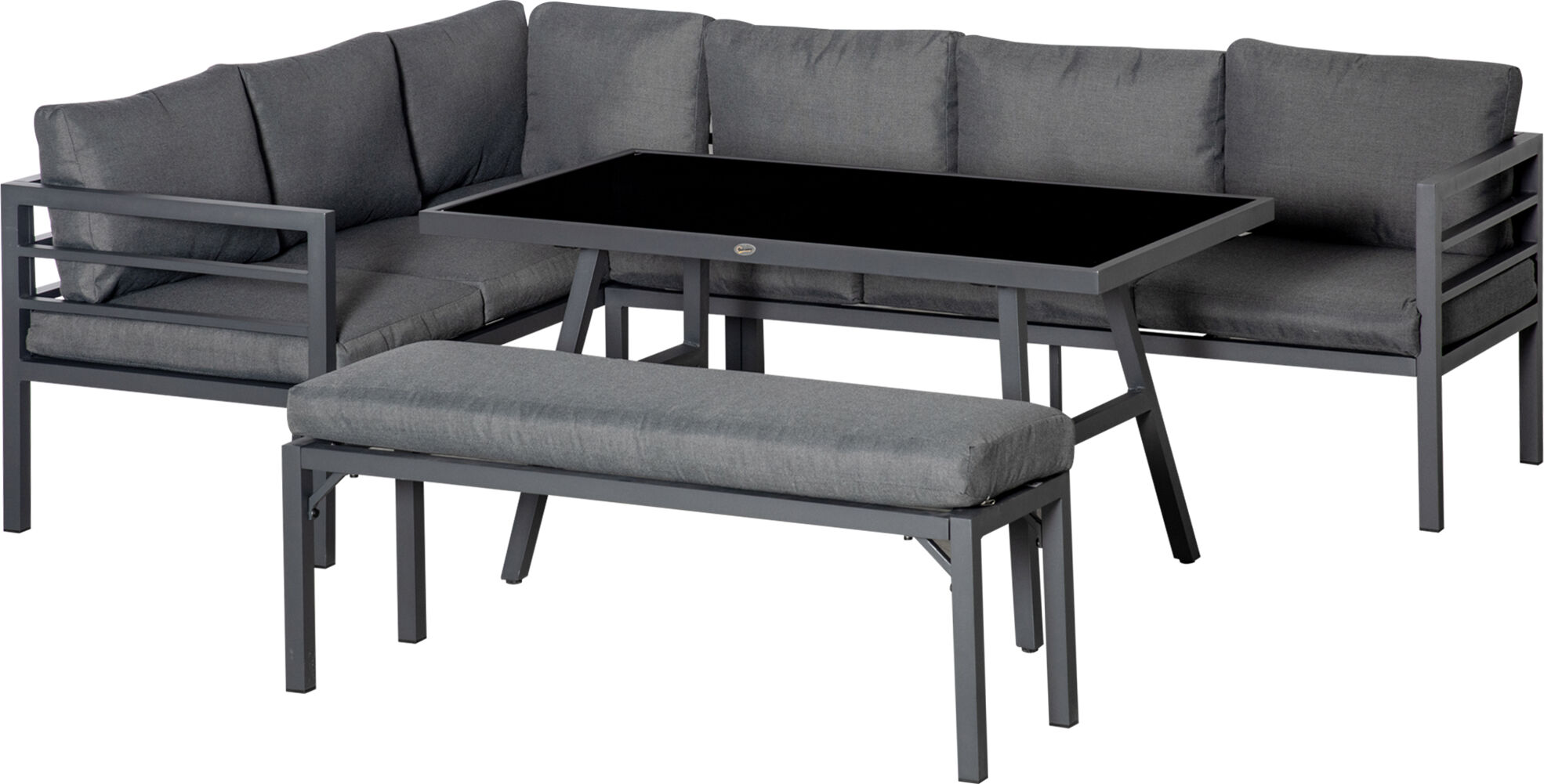 Outsunny 4 Piece L-shaped Garden Furniture Set 8-Seater Aluminium Outdoor Dining Set Conversation Sofa Set w/ Bench, Dining Table & Cushions, Grey