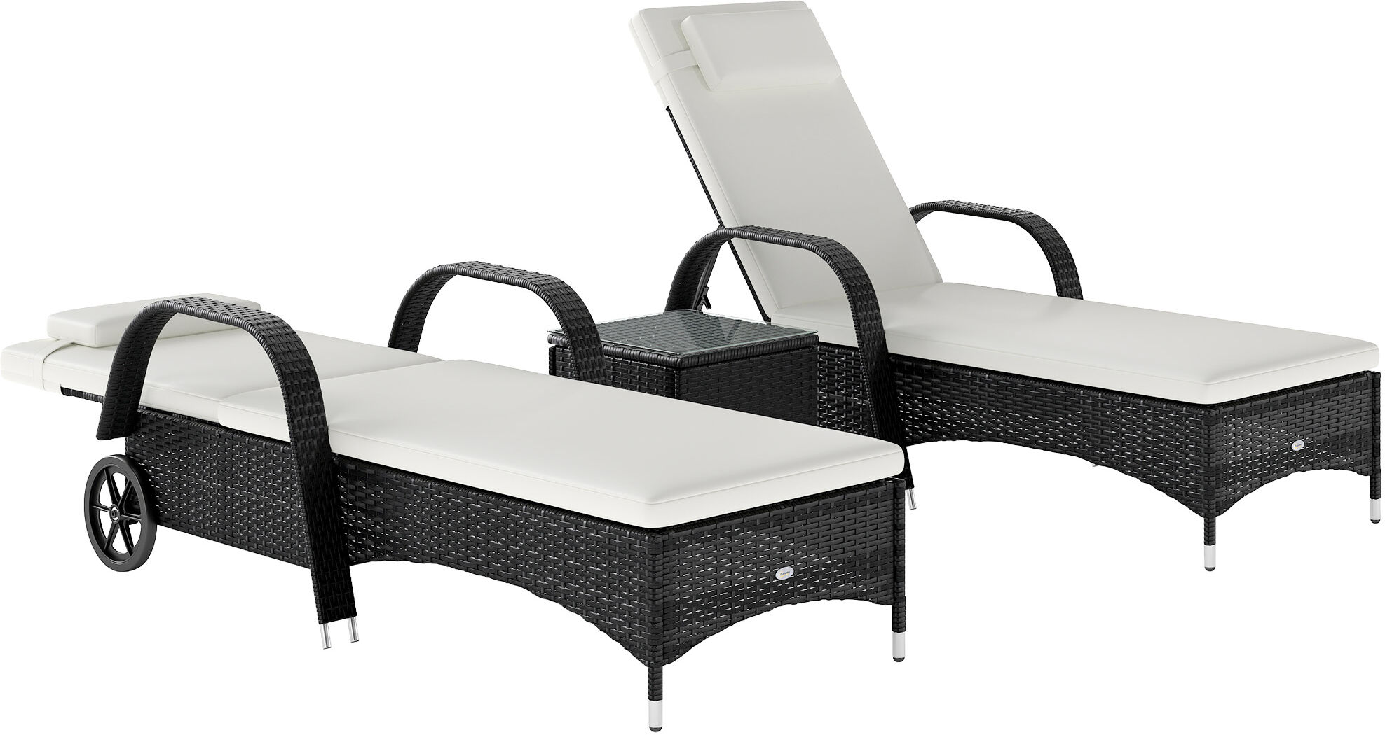 Outsunny 3 Pieces Patio Lounge Chair Set Garden Wicker Wheeling Recliner Outdoor Daybed, PE Rattan Lounge Chairs w/ Cushions & Side Coffee Table Black