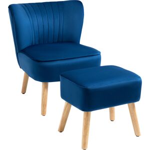 HOMCOM Velvet Accent Chair Occasional Tub Seat Padding Curved Back w/ Ottoman Wood Frame Legs Home Furniture, Dark Blue