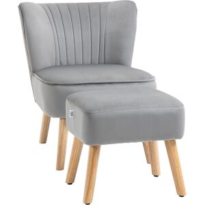 HOMCOM Velvet Accent Chair with Ottoman, Occasional Tub Seat, Curved Back, Wood Frame, Light Grey