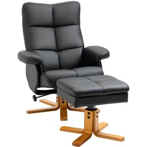 HOMCOM Faux Leather Swivel Recliner Chair with Footstool, Wooden Base and Storage for Living Room, Black