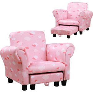 HOMCOM Kids Children Armchair Mini Sofa Wood Frame w/ Footrest Anti-Slip Legs High Back Arms Bedroom Playroom Furniture Cute Cloud Star Pink