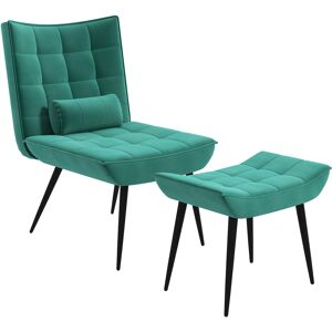 HOMCOM Armless Accent Chair w/ Footstool Set, Modern Tufted Upholstered Lounge Chair w/ Pillow, Steel Legs for Living Room, Green