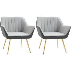 HOMCOM Set of 2 Velvet Armchairs, Golden Steel Legs Upholstered Accent Chairs, Modern Vanity Chairs for Living Room, Bedroom, Light Grey