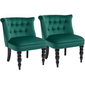 HOMCOM Velvet Accent Chair Set of 2, Button Tufted Wingback Chair with Rubber Wood Legs for Living Room, Bedroom, Dark Green
