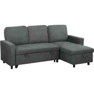 HOMCOM Pull Out Sofa Bed with Storage, Convertible L Shaped Corner Sofa, 3 Seater Sofa Bed with Reversible Chaise and Side Pockets, Charcoal Grey