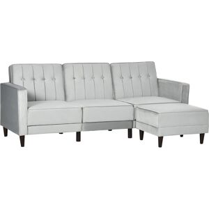HOMCOM 3 Seater Sofa Bed with Portable Footstool, Velvet Corner Sofa Bed with 3-position Adjustable Backrest, Pull Out Sleeper Sofa, Light Grey