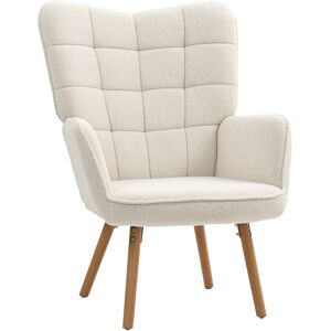 HOMCOM Modern Accent Chair, Upholstered Tufted Wingback Armchair with Seat Padding, Teddy Fleece Leisure Lounge Bedroom Chair with Wood Legs, Cream White