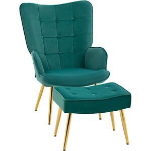 HOMCOM Upholstered Armchair w/ Footstool Set, Modern Button Tufted Accent Chair w/ Gold Tone Steel Legs, Wingback Chair, Dark Green