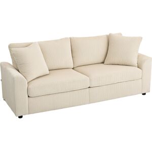 HOMCOM Modern 3 Seater Sofa with Spring Cushion, 212 cm Fabric Jumbo Cord Sofa Couch with 2 Scatter Cushions, Upholstered Corduroy Settee for Living Room, Bedroom, Home Office, Cream White