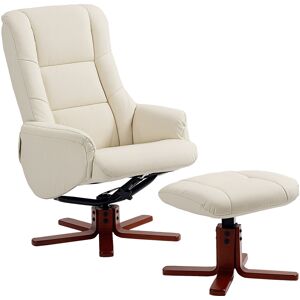 HOMCOM Rocking Recliner Chair with Footstool, PU Leather Recliner Armchair with Wood Base, Upholstered Reclining Chair for Living Room Bedroom, Cream