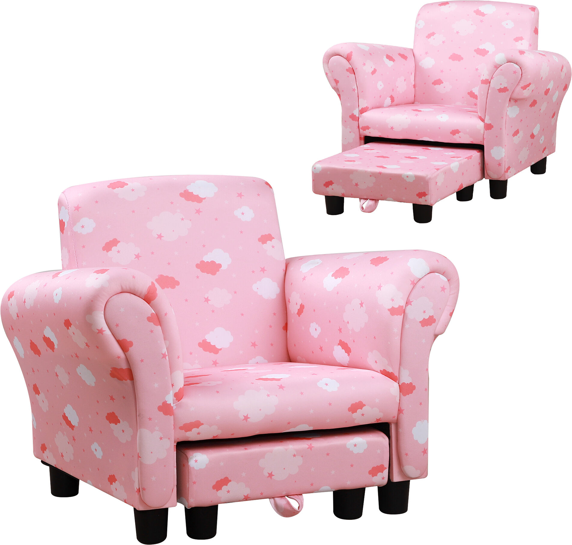 HOMCOM Kids Children Armchair Mini Sofa Wood Frame w/ Footrest Anti-Slip Legs High Back Arms Bedroom Playroom Furniture Cute Cloud Pink Aosom UK