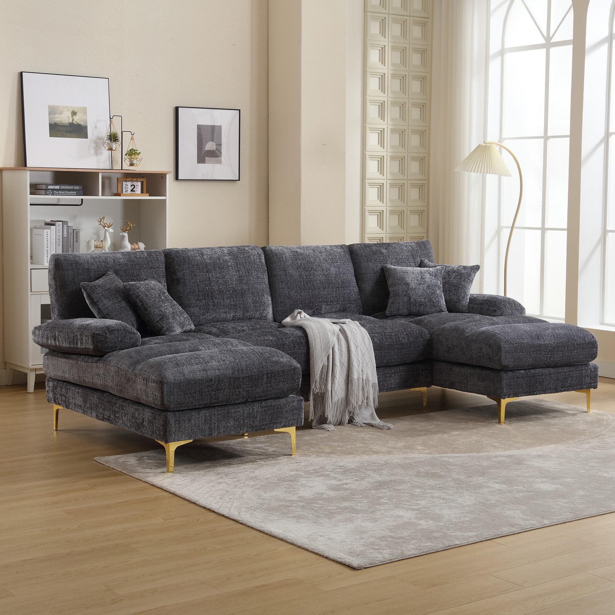 Gomyway U-Shaped Modular Sofa with Pillows, Double Chaise, Rubber Pads, Chenille Fabric Sectional Couch for Living Room, 272L x 136W x 88H cm, Gray Aosom UK