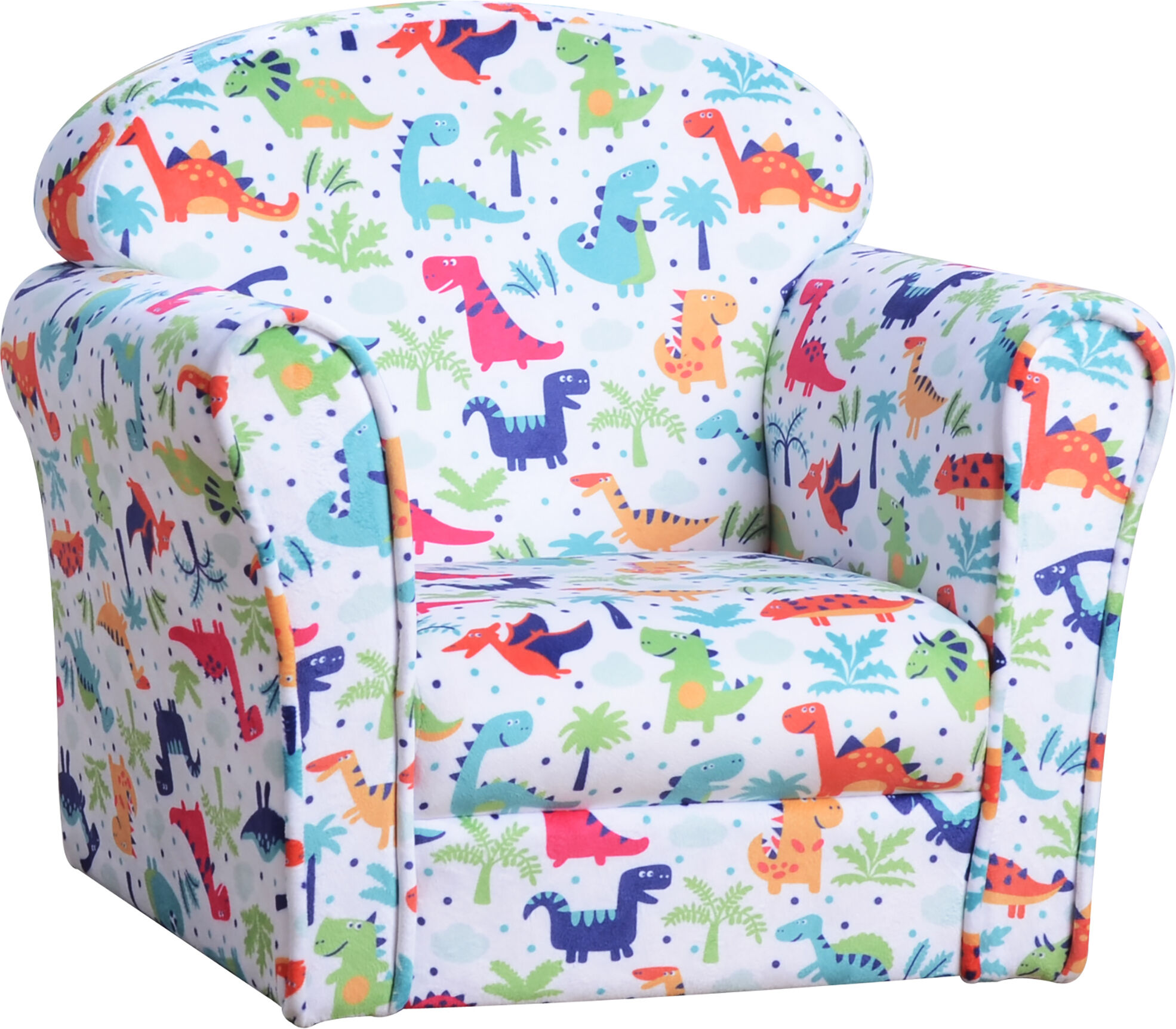 HOMCOM Children Armchair Kids Sofa Tub Chair Seat Cartoon Dinosaur Pattern Bedroom Flannel Wooden Frame Non-slip Playroom Seater Aosom UK