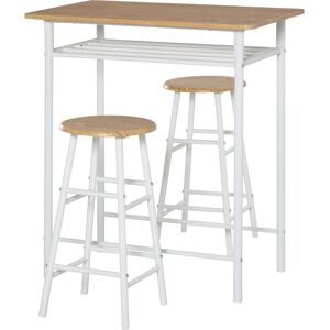 HOMCOM Bar Table Set, Bar Set-1 Bar Table and 2 Stools with Metal Frame Footrest and Storage Shelf for Kitchen, Dining Room, Pub, Cafe, White and Oak