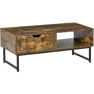 HOMCOM Industrial Coffee Table, Wooden Sofa Table with Storage Shelf and Drawer, Metal Frame, Rustic Brown, 106W x 48D x 43H cm