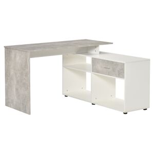 HOMCOM L-Shaped Computer Desk Home Office Corner Desk Study Workstation Space Saving Table with Shelves Drawer, Grey and White