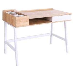 HOMCOM Writing Desk, Computer Workstation with Drawer, Storage Compartments, Cable Management, Metal Frame, Oak and White