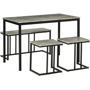 HOMCOM Dining Table and Chairs Set for 4 People, Concrete Effect Kitchen Table and Bench Set with Steel Frame, 4 Piece Dining Room Sets, Grey