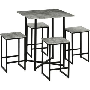 HOMCOM Square Bar Table with Stools, Concrete Effect 5 Pieces Small Kitchen Table and Chairs Set for 4 People, with Steel Frame and Footrest, Grey