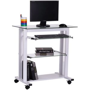 HOMCOM Mobile Glass Computer Desk, Workstation on Wheels, Laptop PC Desk for Home Office, White.