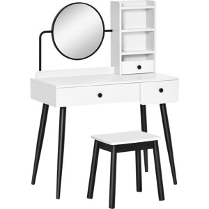 HOMCOM Vanity Dressing Table Set with Mirror and Stool, Makeup Table with 3 Drawers and Open Shelves, White