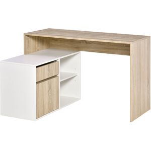 HOMCOM L-Shaped Corner Computer Desk, Oak and White Study Table with Storage Shelf, Drawer for Home Office