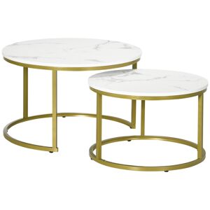 HOMCOM Coffee Table Set of 2, Round Nest of Tables with Faux Marble Tabletop and Metal Frame, Modern Side Tables for Living Room, White