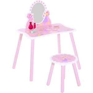 HOMCOM Kids Dressing Table Girls Pink Wooden Kids Dressing Table & Stool Make Up Desk Chair Toys Fairy Dresser Play Set w/Mirror