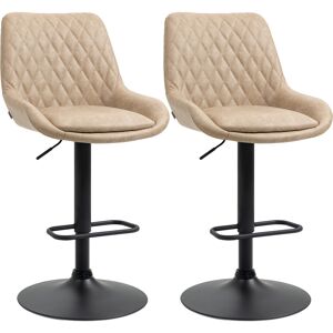 HOMCOM Retro Bar Stools Set of 2, Adjustable Kitchen Stool, Upholstered Bar Chairs with Back, Swivel Seat, Light Khaki