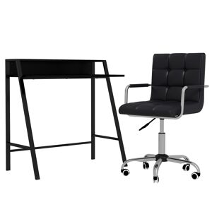 HOMCOM Office Chair and Desk Set, Faux Leather Swivel Chair with Wheels & Study Desk with Storage Shelf, Black