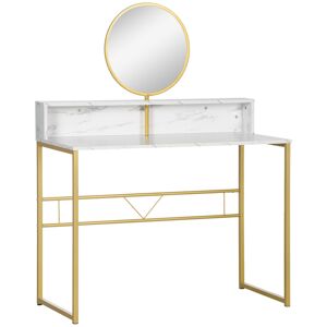 HOMCOM Vanity Dressing Table with Round Mirror, Modern Makeup Desk with Open Storage, Faux Marble & Steel Frame for Bedroom, White