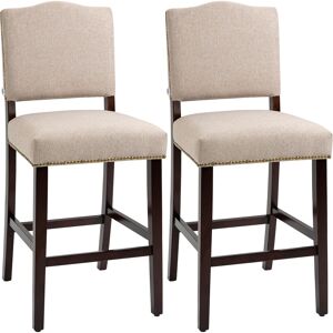 HOMCOM Modern Fabric Bar Stools Set of 2, Thick Padding Kitchen Stool, Bar Chairs with Back, Nailhead Trim, Wood Legs, Beige