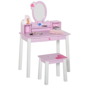 HOMCOM 2 PCS Kids Wooden Dressing Table and Stool Girls Vanity Table Makeup Table Set with Mirror Drawers Role Play for Toddlers 3 Year+, Pink White