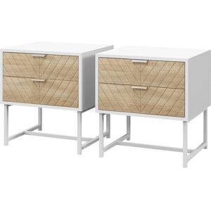 HOMCOM Modern Bedside Table Set of 2, with 2 Drawers and Metal Frame, Sofa Side Table, White and Oak