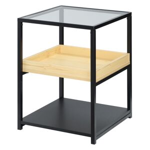HOMCOM 3-Tier Glass Top Side Table, End Table with Storage Shelves & Steel Frame, Nightstand for Bedroom