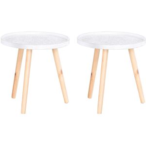 HOMCOM Set of 2 Carved Floral Coffee Tables with Tray Top and Wooden Legs, Modern Round Side Tables for Living Room, White.