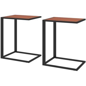 HOMCOM C-Shaped Sofa End Table Set of 2, Metal Frame Accent Couch Table for Living Room, Bedroom, Walnut and Black