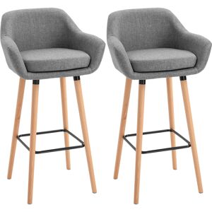 HOMCOM Pair of Bar Chairs Modern Fabric Upholstered Seat with Solid Wood Legs & Metal Frame for Dining Room - Grey